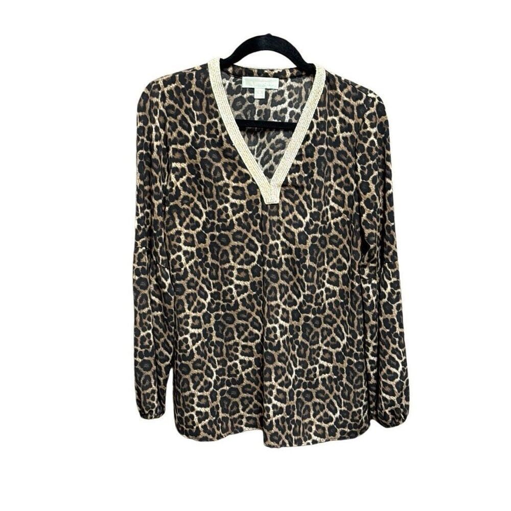 Michael Kors Women’s Cheetah V Neck Long Ballon Sleeve Top Size Medium